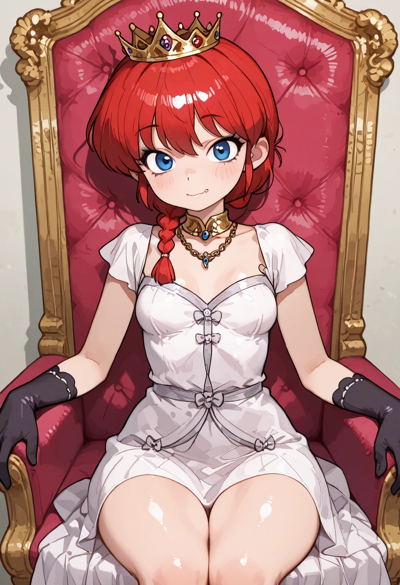 Ranma Saotome. red hair. blue eyes. braid. small breasts. wide hips. necklace. black eyeliner. pink manicure. | (anime)、1girl、girls、beautiful shadows、Softness、innocence . masterpiece, High Quality, live-action, 2.5Dcomic style, Pastel oil paint, Toon Shading Drawing, 2.5D painting 、surrealism, fantasy art style、Exaggerated Beautiful Eyes、Hypnotic、Devil's Horn、crown、Shy personality、Playful expression, dress、Sirinshadow、gloves、cloudy expression、sits on the throne、(((((A cute little doll holds it up in front of your face、I can't see my face)))))