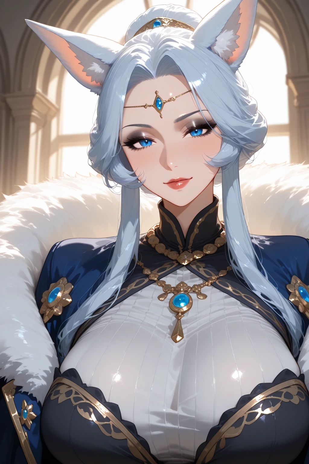 (best quality,8K,high resolution,masterpiece:1.2),Super detailed,hairy的_girl,Put on a white coat,Wearing a blue scarf,The blue fur resembles the ears of an Arctic fox,Wear half-rimmed glasses,hairy的藝術家,Cute anime art style,專業hairy的繪圖,Large Breasts,Super detailed,blue eyes,hairy,fox girl,(Fair/Exquisite eyes:1.1),feminine face,Long eyelashes,Flowing chiffon,(Jewelry/Accessories:1.1),Well-proportioned body,(Thick thighs:1.1),Inspired by Luna,(Structurally sound:1.1) ,Perfect high detail face,(perfect Exquisite eyes:1.5),upright student,peephole,Smile,Very charming
