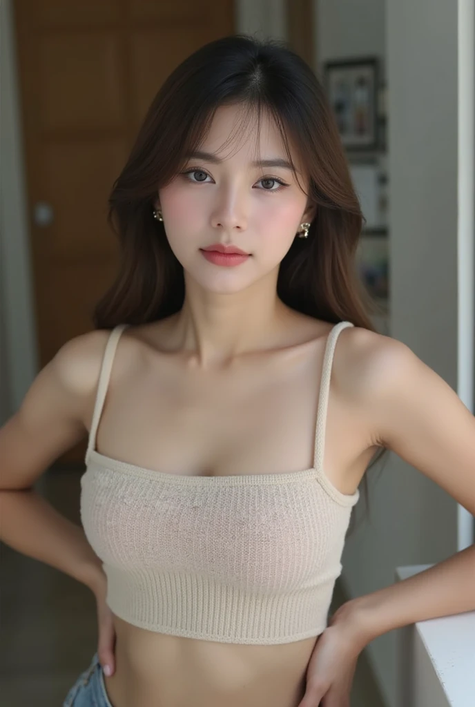 ((Realistic lighting, highest quality, 8k, masterpiece:1.3)), Sharpness:1.2, One girl, Beautiful woman with perfect figure:1.4, Slim Abs:1.1, ((Dark brown hair)), (White crop top:1.4), (Outdoor, At night:1.1), Sit on a bed in the room, Ultra-fine face, Beautiful Eyes, double eyelid, Her delicate chest is completely exposed.