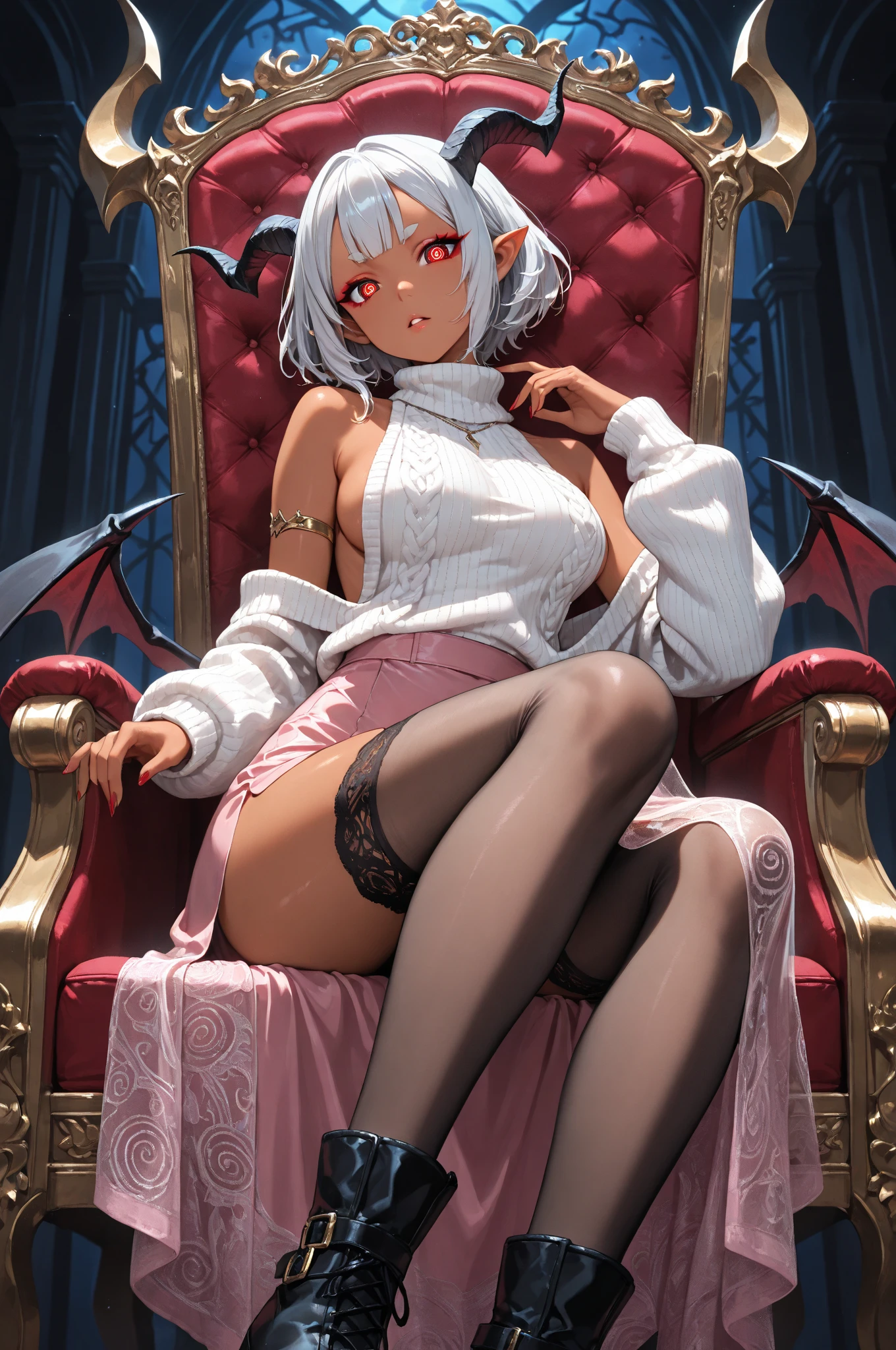 ((masterpiece)),(best quality), ((extremely detailed CG unity 4k wallpaper)),(cinematic lighting), (an extremely delicate and beautiful evil girl:1.3),moon light ,face, fixed eye, hand fixed (++silver hair++), pink eyes, long hair,elf ears, jewelry,earrings, :d, maid, labrynth, sitting on throne , wings ,leg crossed, crossed leg in detailed,
Large breast ,(garden rose), horn , outdoor ,both hand on armchair , all body , leg fixed , view from below, worship , fixed shoes , wearing white high heels,