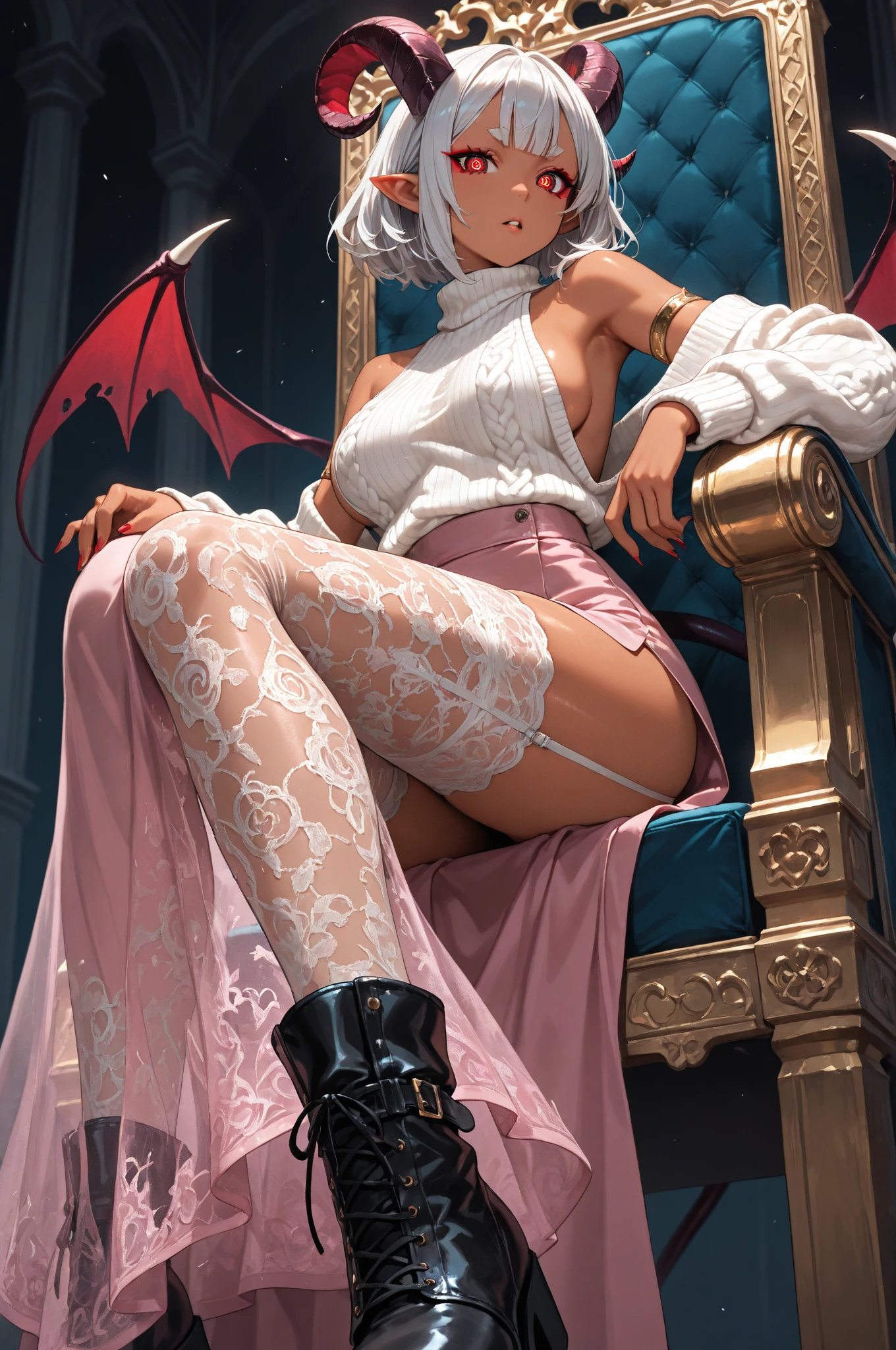 from below, succubus, (white Stocking Belt:1.2),(white stockings:1.2), demoness, 1girl, solo, big breasts, see through white panties, dark pubic hair, see-through shirt,nipples,wide open legs, full body, busty, curvy hips, legs spread open, wench, extremely detailed CG unity 8k wallpaper, beautiful detailed girl, beautiful detailed face, beautiful detailed eyes, glawing eyes, perfect shadow, masterpiece, best quality, perfect skin, shiny skin, perfect hands,