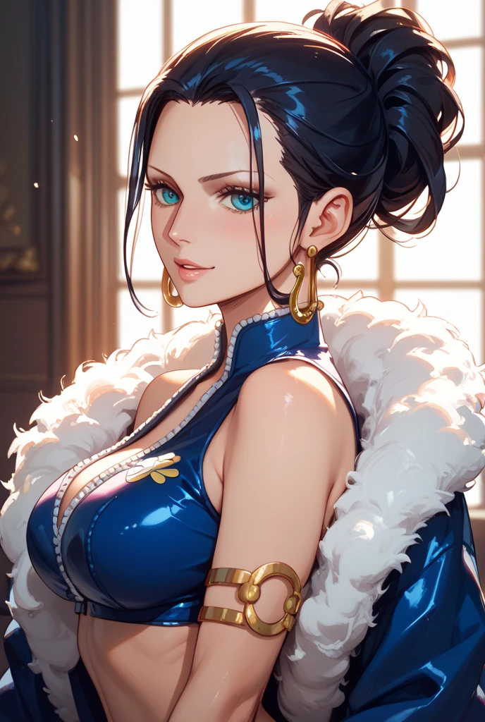 ultra realistic 8k cg, masterpiece, ((ultra detailed background, delicate pattern, intricate detail, highly detailed, fine details best quality, hyperdetailed face)), gigantic breasts ,beautiful lighting, absurdres, BoaHancockV2, 1girl, solo, black hair, long hair, jewelry, closed mouth, ), (crop top, turtleneck, bare shoulders,pencil skirt, underboob, earrings, blue eyes, complex detailed background, inside, castle room environment, medieval castle), ((cowboy shot)), curvy