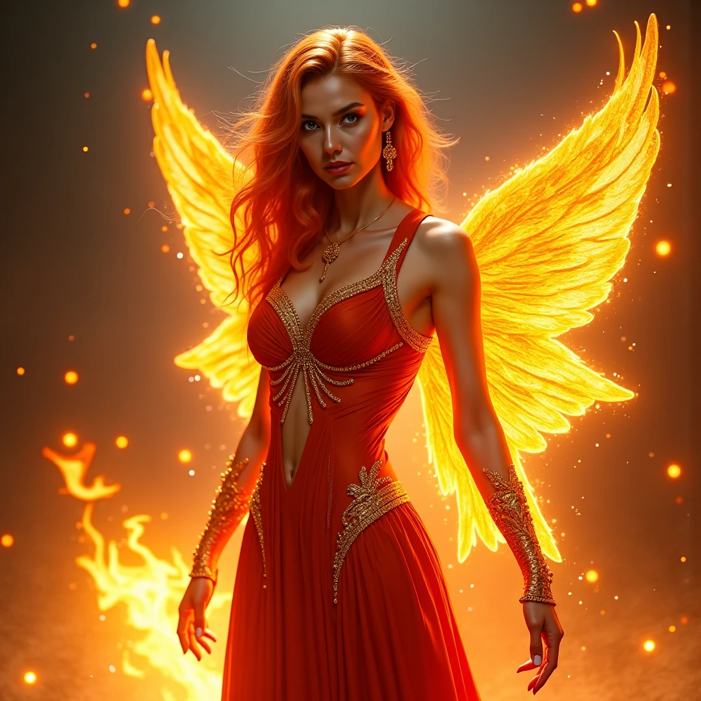 A beautiful fairy phoenix, a cute woman with flame feather sexy outfit, flaming hair, flaming moth wings, flitting away from a candle in a dim wizard's laboratory, high fantasy, masterpiece, 8k, photorealistic, cinematic lighting, dramatic colors, intricate details, ethereal atmosphere, glowing feathers, mesmerizing eyes, delicate features, graceful pose, magical energy, enchanting environment, mysterious laboratory, flickering candle, dark shadows, atmospheric lighting