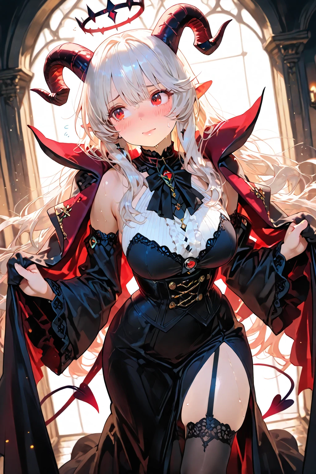 masterpiece, best quality,modeus \(helltaker\), 1girl, solo, horns, demon girl, demon horns, white hair, heart, red eyes, symbol-shaped pupils, black horns, heart-shaped pupils, looking at viewer, breasts, demon tail, tail, lingerie, loving, bedroom, bedroom background <lora:VanripArt_08:0.5> <lora:OmarDogan_08v2:0.7>