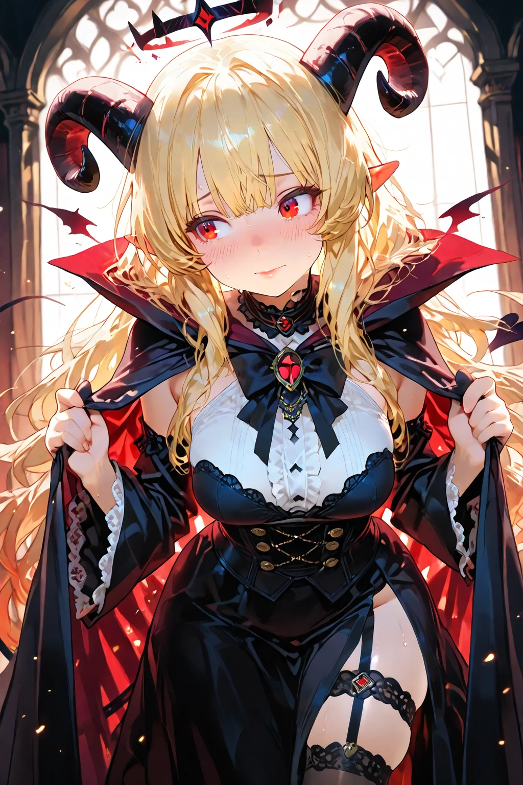 The woman is a dark-skinned devil, an evil dark devil、((Highest quality)), ((masterpiece)), (detailed), (Perfect Face)、((An evil, jet-black demon with jet-black skin.))、The woman was a beautiful, jet-black archdemon with jet-black skin, the evil queen of the demon world, Devil Queen Tiare, with green eyes, blonde medium-long hair, a gorgeous black wedding dress with gold embroidery and trim, a black wedding veil, an engagement ring, and luxurious accessories, and was a beautiful, elegant archdemon, the Demon Queen, lavishly decorated and jeweled.、A beautiful, jet-black-skinned demon with magnificent devil horns, devil wings, and a devil tail.