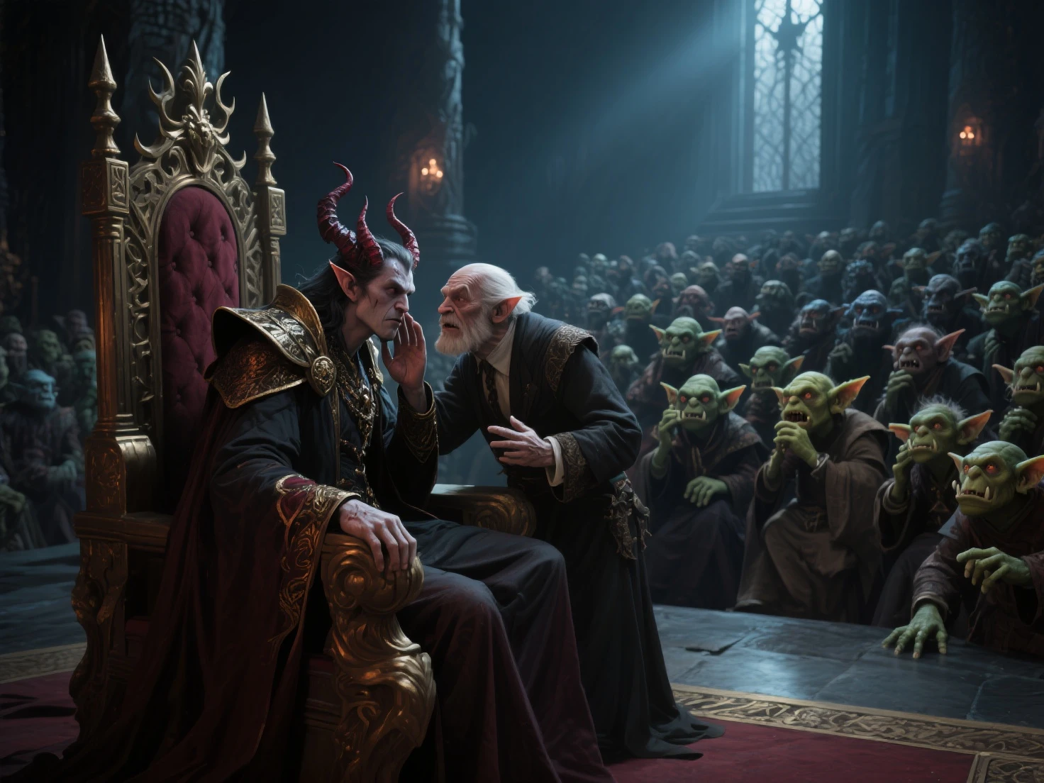 A blond prince looks in the mirror but the image of an ogre with horns is reflected, with the same hair and clothes as him