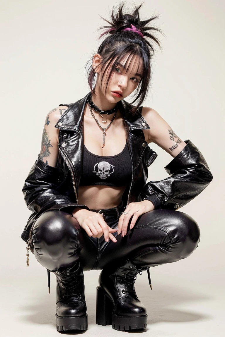 araffe woman with black hair and piercings crouching on a white surface, 1 7 - year - old goth girl, Gothic, ciberGothic, goth girl, gothic woman, estilo Gothic, 1 7 - year - old anime goth girl, top model Gothic muito lindo, Death Star, goth girl aesthetic, Gothic aesthetic, vibrações de terror Gothic, neoGothic