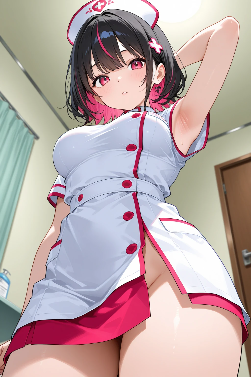 Korean nurse girl, (30 years old), in the airport, shapely, skirt, pantie, haughty expression, (from below view), (masterpiece, best quality, extremely detailed, hyper realistic) 