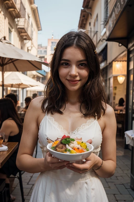 a young woman with a slim and healthy body, joyful expression and body confidence, wearing long floral dress and straw hat, fashion outfit 2024, sitting and eating a typical dish in a restaurant in Venice, Italy, to post on Instagram, with detailed facial features, including beautiful eyes, lips and hair, athletic physique, natural lighting, dynamic pose, clean background, swirly vibrant colors, cinematic lighting, high qualiy, photorrealistic, posh, dynamic, mighty