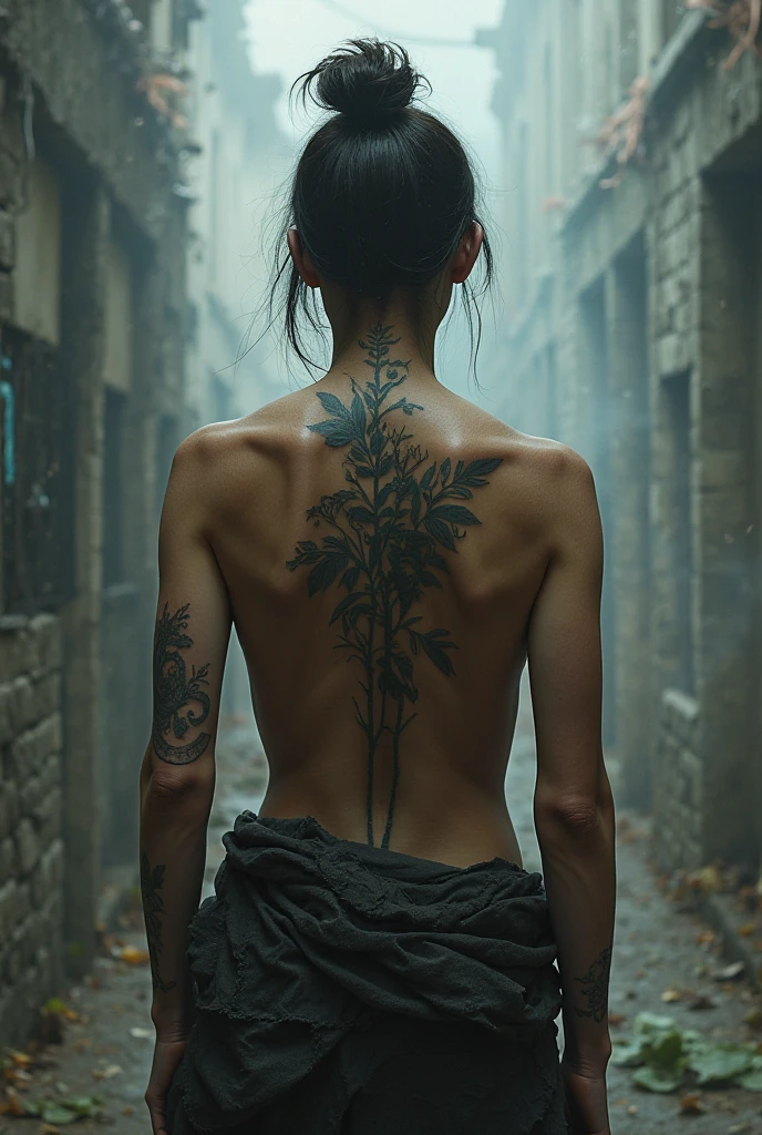 neck Tattoo, from above, backview, detailed background, by Beeple, best quality, masterpiece, very aesthetic, perfect composition, intricate details, ultra-detailed