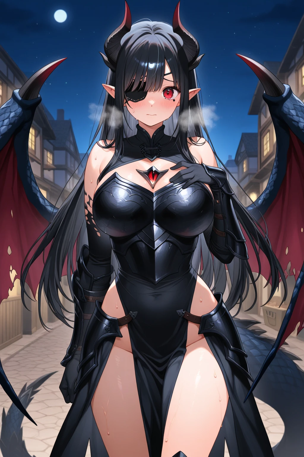 Moth women with dark grey and black and a little bit of red theme colors,big wings, big breasts, thick thighs, night sky, moth dust, nsfw, queen of the abyss