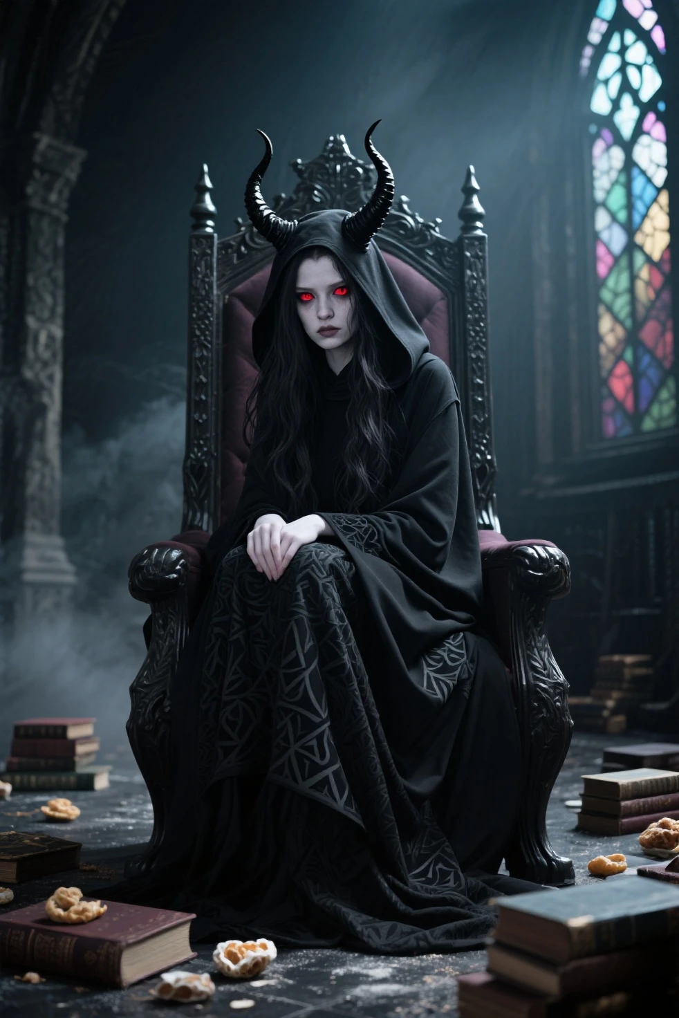 Man with pointy ears, with long dark hair, sitting in a black chair. purple eyes
