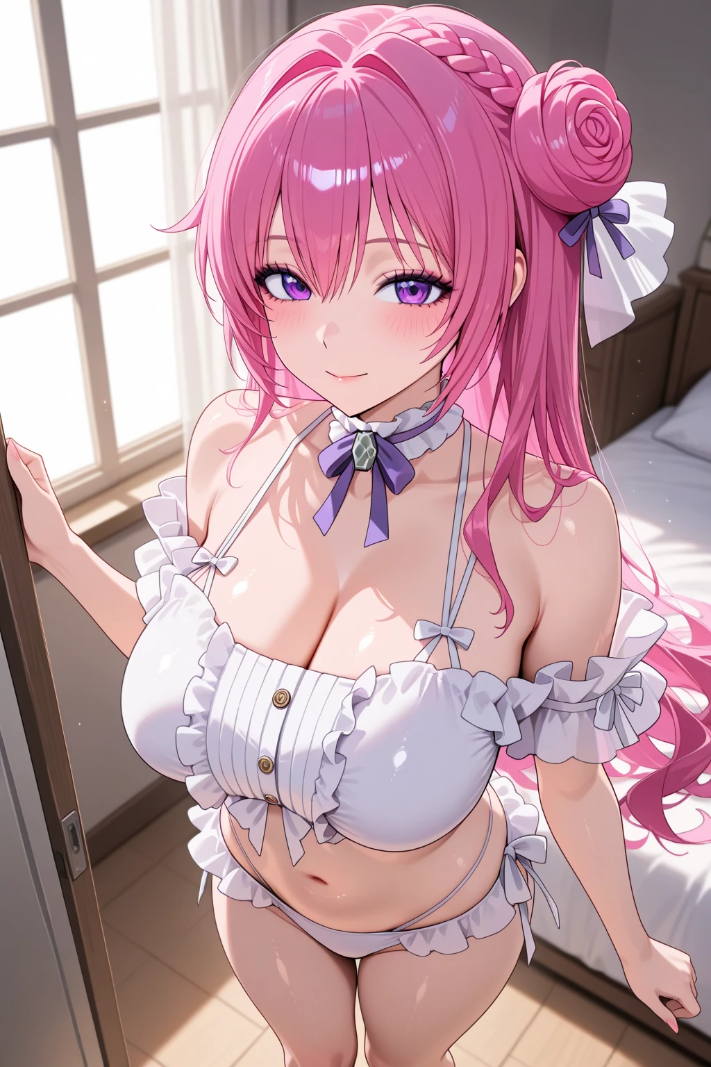 woman1people big breasts valley pink underwear lace bra stockings garter belt smile gently glamor body type