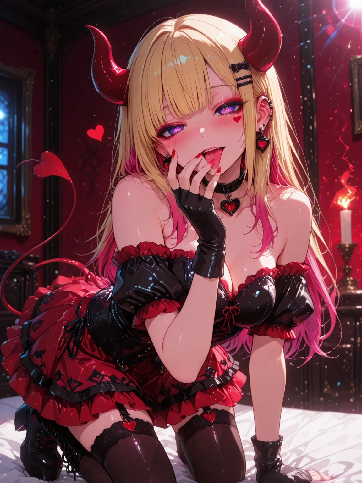 Sexy girl, Sistar Church, wearing a dog mask, open mouth, red eyes, wearing a black latex costume, filmed at face level, mouth tied with chains