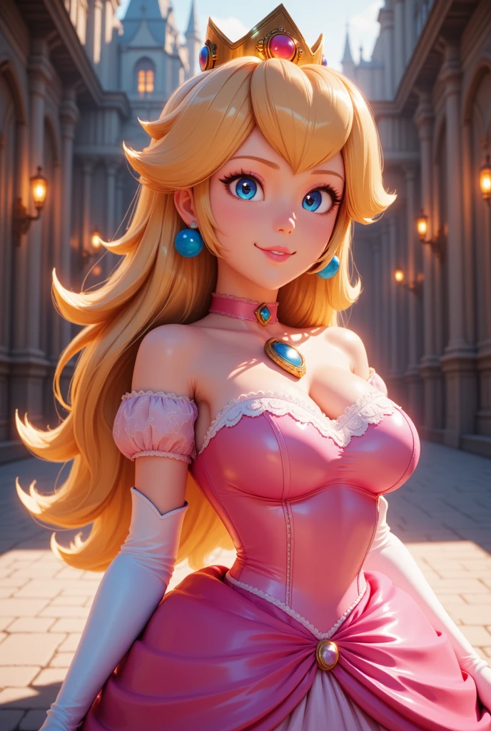 Princess Peach \(Mario Bros\), (Ela tem grandes olhos azuis brilhantes), (pele clara), (pele realista), (Glossy and pink lips), (((longos cabelos loiros lisos))), (Dark shadows compose), ((Seios muito enormes, Rosa )), (coxas grossas), (Corpo fino perfeito), ((completely naked, mamas expostas,  exposto)), (coroa), ((Posing sexy in peach princess castle)), (master part, High definition, Volumetric lights and dynamic shadowaster part)), (8k), (rosto perfeito), (Ultra Detalhes) (perfect hands, olho, e rosto), ((sorriso sexy)), 