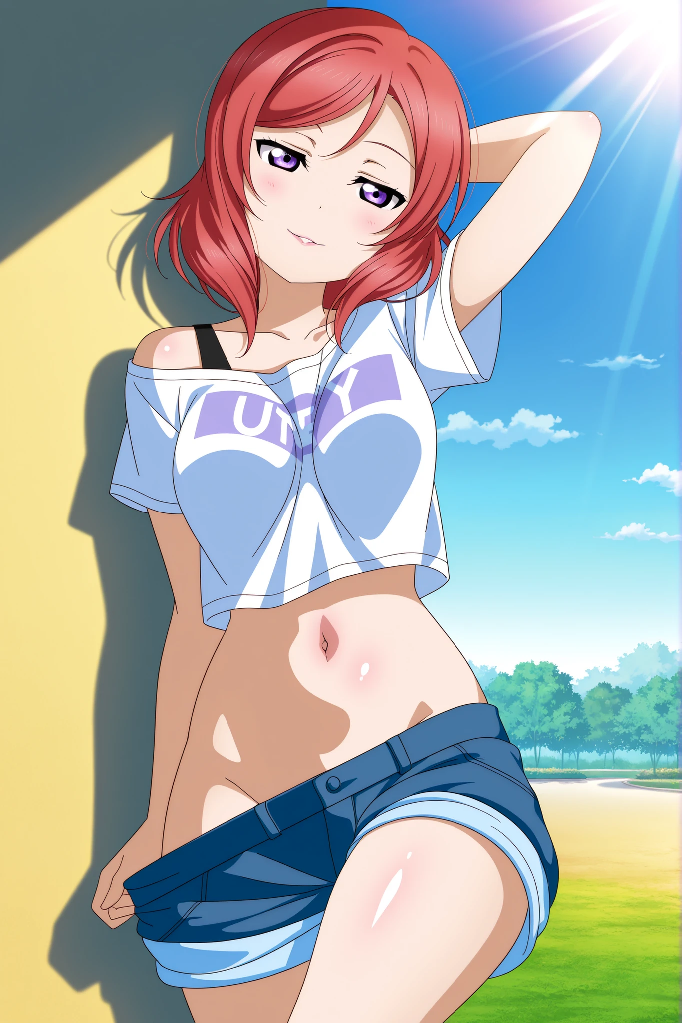 masterpiece, best quality, highres, nn1, 1girl, hair ribbon, short hair, jean, crop top, underboob, cowboy shot, bed, lying, short pants, breast out, sexy pose, smile, happy face, medium breast, nakano nino,