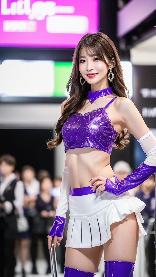 Highly detailed CG Unity 8K wallpapers, Highest quality, Very detailed, masterpiece, Realistic, photo Realistic, Very detailedかわいい, 20-year-old, Anatomically correct fingers、Perfect Fingers、(((Do-it-yourself skirt lift:1.2))), (Lift it yourself), Small white string panties、((blush)), ((Gaze Here))、(((Confused expression:1.4)))、((Shiny purple enamel costume:1.2))、Pleated mini skirt、Japan、motor Show、Convention Hall、Beautiful lighting、Jet Black Hair、Long Hair、(showing panties yourself)、((Enamel costume))、((Shiny Costume))、