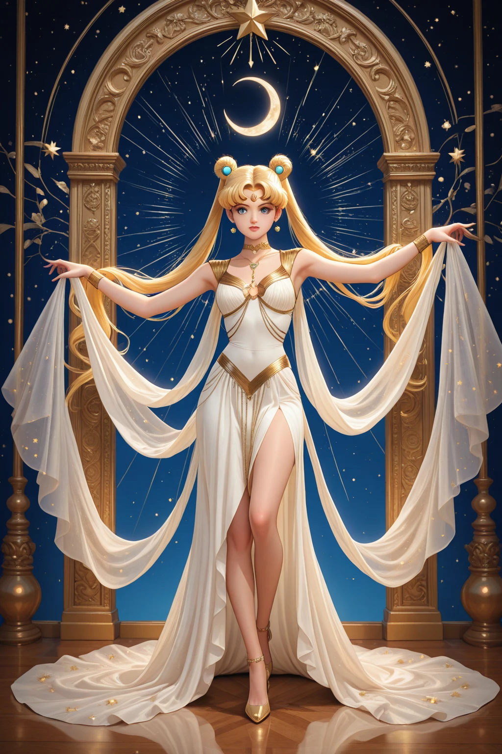 SFW, Marble statue on the water (woman's) Sailor Moon, character Sailor Moon, with a beautiful face, Long limbs with good proportions, beautiful big breasts, Marble case, gold patterns on the body, big eyes, tmasterpiece, breath taking, Viewer, Full growth in the frame, Long white hair, gray hairs, Two bundles on the head, pale skin, Odango hairstyle, The statue is decorated with gold, The Dark Cave, Spotlights, High contrast, Masterpiece, Highest Quality, The best picture quality, Cinematic lighting, photo-realistic