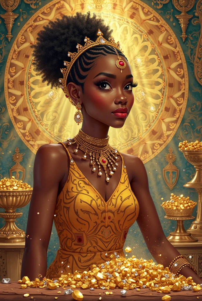 beautiful African woman, short ((golden)) dress that seems to flow like honey, dark skin