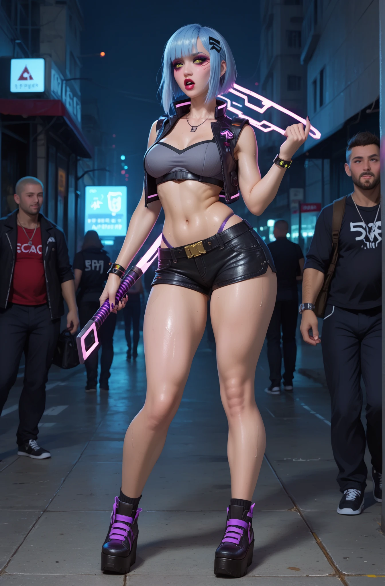 araffe with purple hair and a purple bra top posing for a picture, cyberpunk 2 0 y. o model girl, female cyberpunk anime girl, dreamy cyberpunk girl, cyberpunk anime girl, hyper-realistic cyberpunk style, cyberpunk beautiful girl, cyberpunk art ultrarealistic 8k, cyberpunk vibe, muted cyberpunk style, cyberpunk vibes, in cyberpunk style, cyberpunk style color