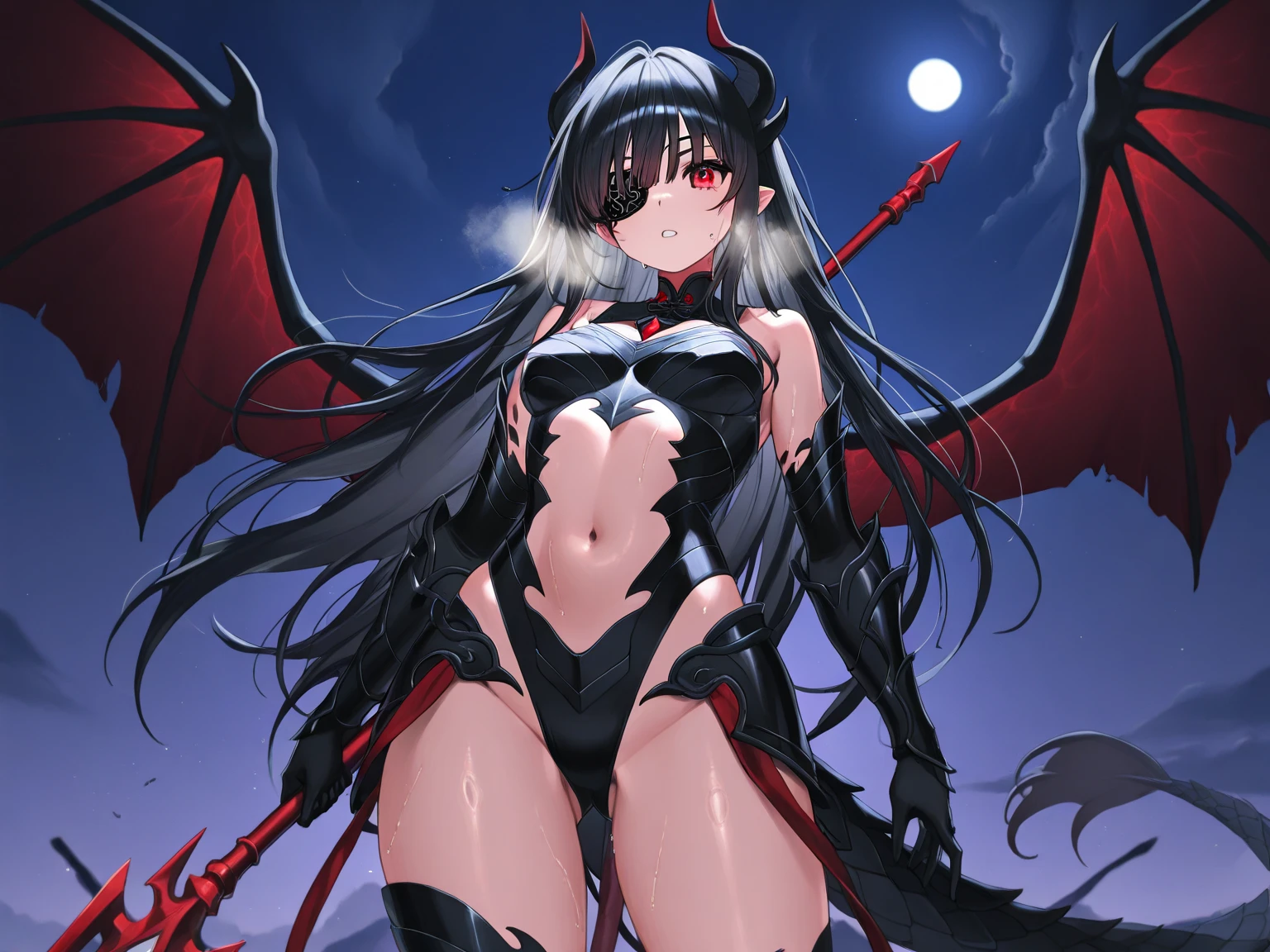 black hair, extremely long hair, yellow eyes, pale skin, muscular, large breasts, thick thighs, angry, black dragon, 1 girl, full moon, dark atmosphere