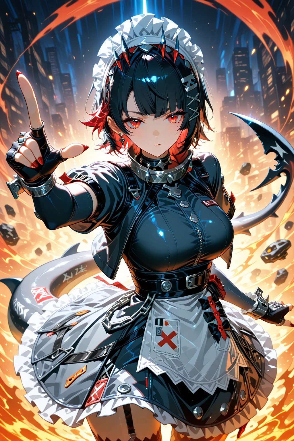 Adult woman, short black hair, yellow eyes, red lipstick, red tight battle dress, sleeveless, skirt, tattoo, burns, glass swords, Masterpiece, best quality, Full HD, 8k, ultra details, great graphic