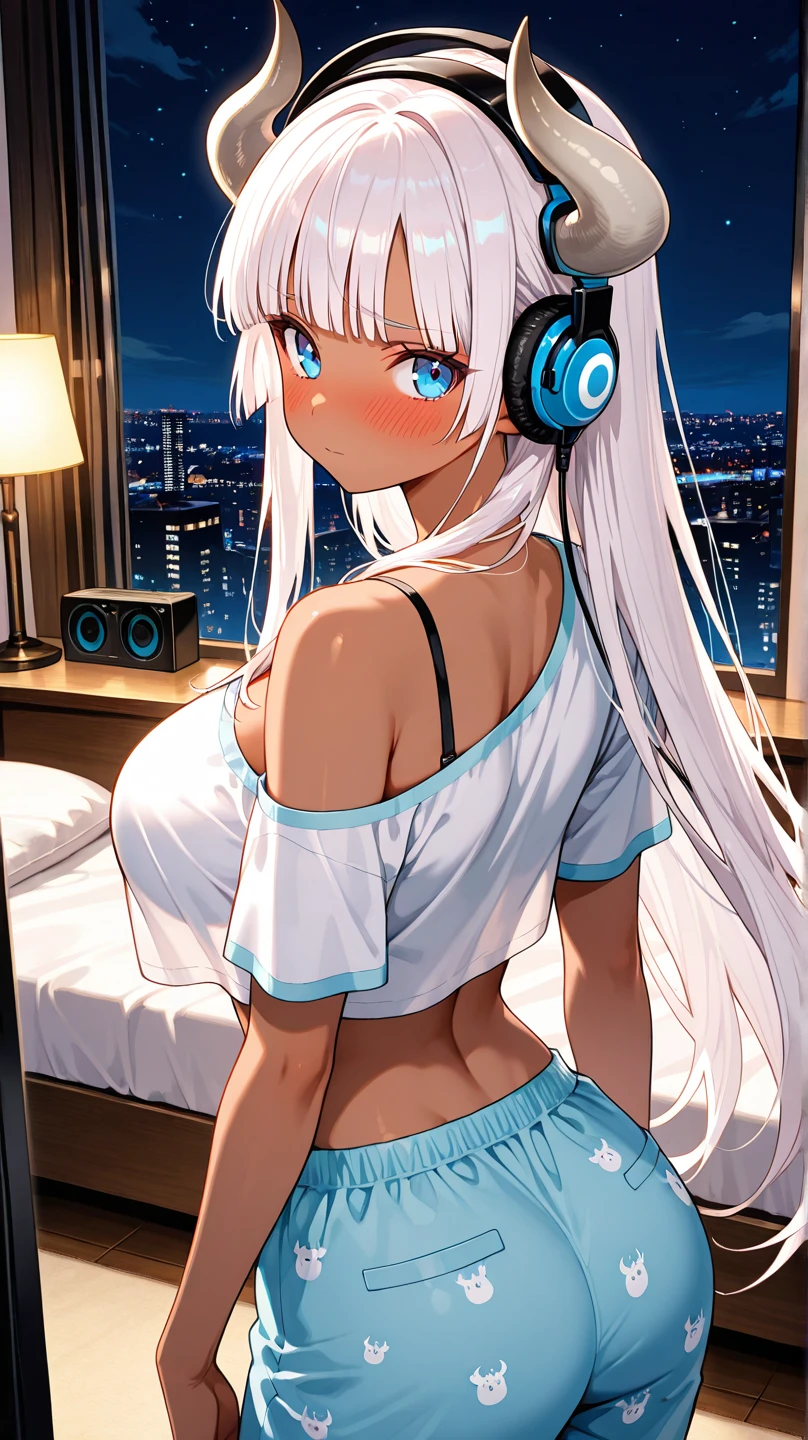 a girl, anime girl wearing white headphones, wearing a Calvin Klein underwear, athlete swimsuit, she is wearing a thong, T-back, thong, G-string, black hair, show off her buttocks, well-defined buttocks, 29 years old, white gaming PC, white gaming chair, Exposed cleavage, big breasts H-cup, accentuate the cleavage, accentuate big, wearing a black garter belt, revealing skin, Owner of beautiful legs, nice legs, lovely pins, lofi girl anime vibes, lofi artstyle, anime style 4k, anime aesthetic, nightcore, lofi feel, lofi art, anime art wallpaper 4k, anime wallpaper 4k, lofi vibes, plants in the room, city view, white headphone, she is programming, typing, white keyboard, She is looking at a white monitor, a white computer mouse, all devises are white color, sitting on a white gaming chair, one thick candle is lighting, Night city lights illuminate the room, full moon, short ponytail, Full body shot, full body, anime style, cinematic lighting, Sony FE GM, masterpiece, best quality, 4K