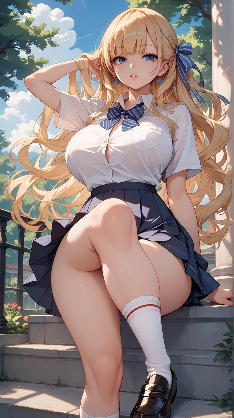 (score_9, score_8_up, score_7_up, score_6_up, score_5_up, score_4_up), masterpiece, best quality, high_resolution, 8k, UHD, 1girl, detailed, extremely detailed, best anatomy, (large breasts), outdoor, long hair, blonde hair, high ponytail, bangs, green eyes, lustful eyes, seductive look, black skirt, short skirt, sky view, lift up the skirt, shot from below, pussy, nsfw, blush, topless, nipples, nude, navel