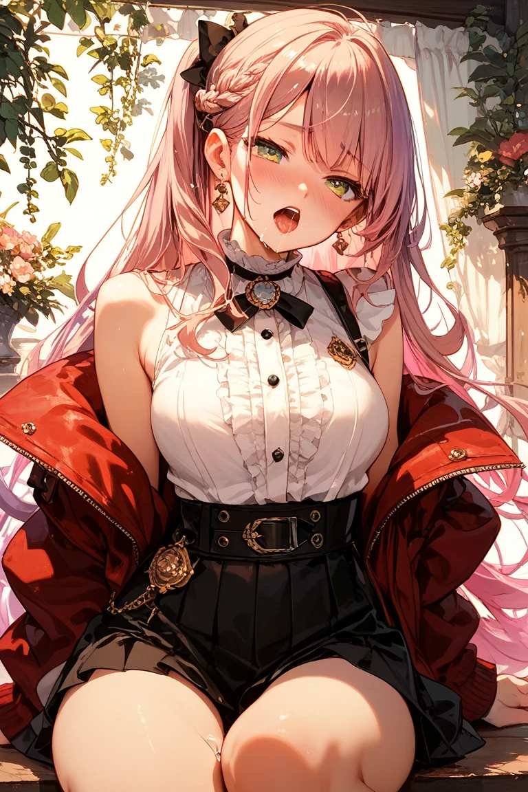 ((Sketch)), ((Watercolor)),((best quality)) ((best quality)), ((masterpiece)), (detailed), HD, Highly Detailed, 4k image, anime style, beautiful young teenage girl, tanned white skin, long waist length hair(white-red hair), soft facial features, peach colored eyes, frilly off-shoulder blouse, pleated A-line skirt, cherry red plump lips, large E-cup breasts, short height(150cm). wide hips and large round ass, silver round-frame glasses, sitting down at an elaborate dining table, facing the camera