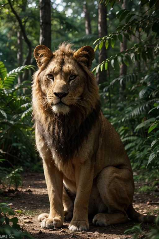 Generate an image of a lion face on a forest background , with golden rays filtering through the treetops. The atmosphere should evoke a magical and inspiring setting, similar to the Chronicles of Narnia scenarios.