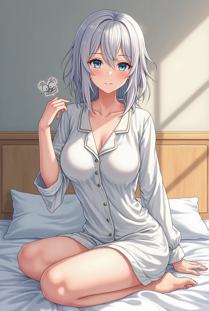 (masterpiece, best quality:1.2),
1girl, looking at viewer, pov across bed, smile, night,
nya lapucea, silver hair, half updo, purple eyes, large breasts <lora:NyaAnge:.7>
dress shirt, white shirt <lora:AcrossBed:.7>