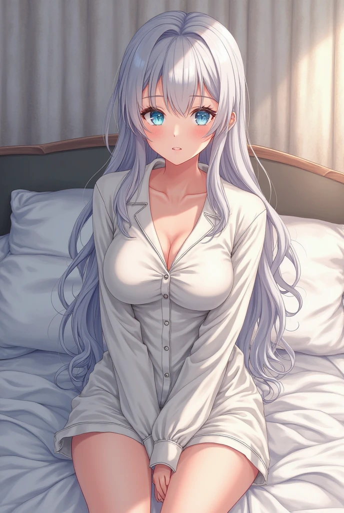 Anime Girl 2d Long Hair Loose light Purple-Grayish, Age Adulthood adult, in nude suit sexy blushed sit over a bed