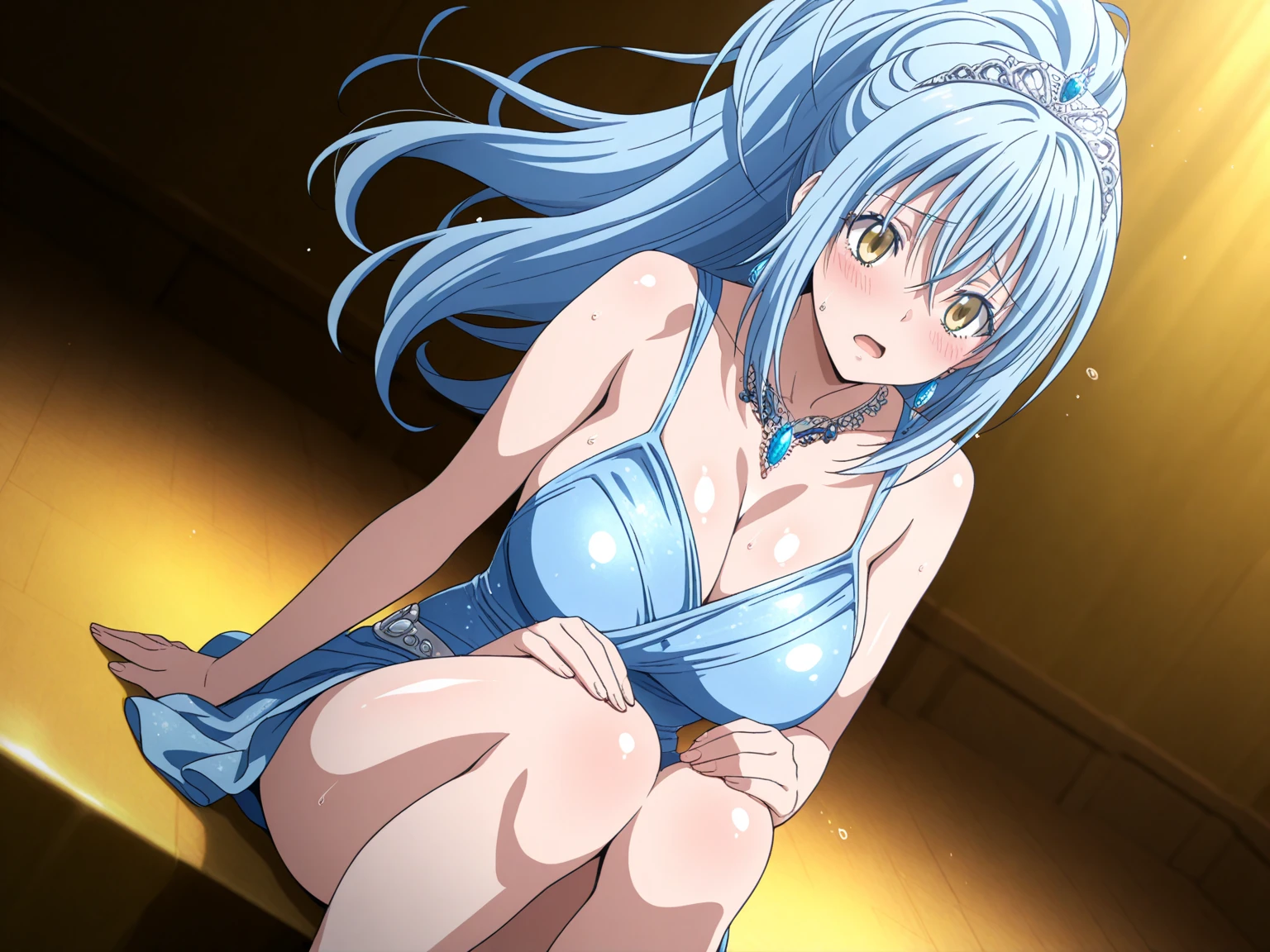 (masterpiece), best quality, 1 solo girl, white hair, yellow eyes, long hair, wavy hair, medium breast, mature body and face, detailed eyes, face and body, open stomach, white bikini, white swim skirt, white sand, beach, beach ball, blue scarf, pendant, bracelet, earring, hair ornaments, jewelry, high definition, high resolution, cowboy shots, sexy pose, dakimakura, 8k, creative, dynamic, vibrant, twintails
