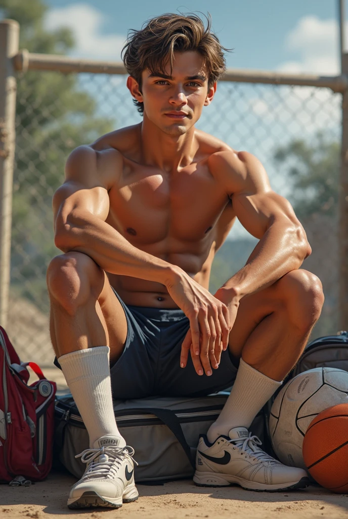 shirtless sweat-drenched 22-year old short black hair caucasian male, tattered jeans, drenched with sweat, playing basketball in an outdoor basketball court