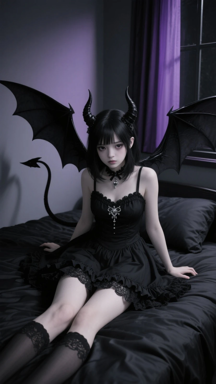 Hyperrealistic photo, masterpiece, highest quality, ultra-detailed, front view, head-to-knee shot of an 18-year-old black-haired devil girl. Pale grayish skin, two sharply pointed black devil horns, enormous black bat-like devil wings spread wide behind her, a sleek black devil tail trailing down the bed. She wears a gothic lolita-style black dress adorned with delicate silver embellishments on the . The knee-length skirt is lavishly trimmed with black lace and layered ruffles at the hem. She lies supine on the bed, face down, her expression hard, her eyes shadowed, radiating deep sorrow and loneliness. Her eyes are large, with glossy black pupils and long, thick eyelashes. She has a slightly pointed chin, a slender face, and sharp features. She's socially awkward, shy, and trapped in negative thoughts. The room is dimly lit, the purplish-gray walls and the black and purple curtains drawn over the window symbolizing her isolation. The bedsheets are a deep black, lustrous satin. The background is filled with deep, dark shadows reflecting her troubled mind. The overall atmosphere is dark fantasy, a fusion of gothic lolita and demonic elements, portraying a dark, lonely, yet beautiful and ephemeral girl. 8K resolution, photorealistic, emphasis on shadow rendering, meticulous detail in every aspect.