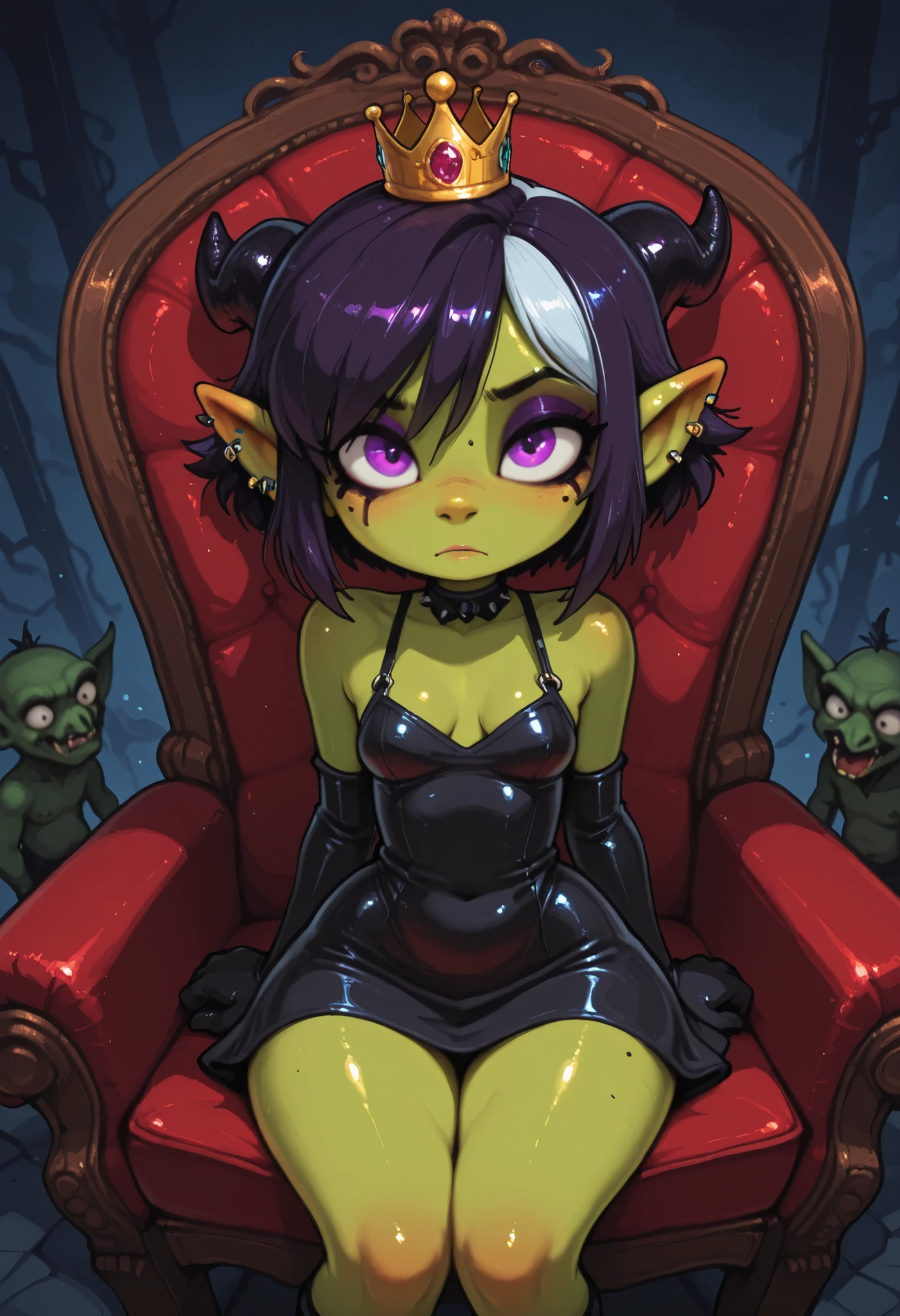 1girl, freckles,(((green skin))), green_skinned, full-body,goblin, masturbation, naked, dripping pussy, puffy nipples, one eye partially open, finger in pussy, short black hair over one eye, medium breasts, sharp teeth grinning, cum drenched goblin girl, cum on tits, cum on face, puddle of cum, very long tongue, sitting outside, torn clothes, view from front, pierced nipples, MOBIAN style