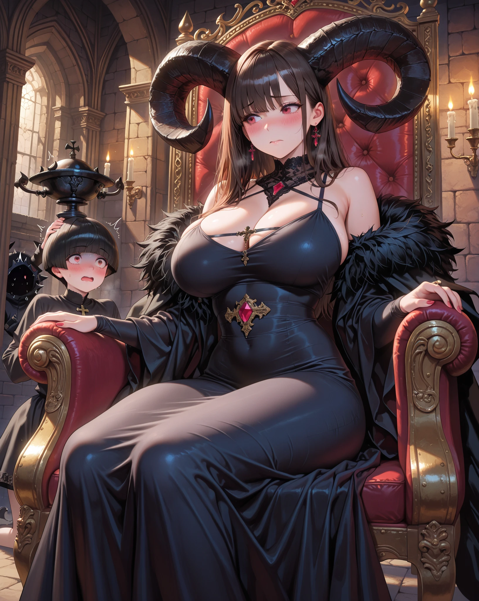 ((Highest quality)), ((masterpiece)), (detailed), （Perfect Face）、The woman is a jet-black devil、The woman is a jet-black female demon with magnificent demon horns and a jet-black tail, her skin is the same black as the Demon King, she is wearing a provocative and luxurious jet-black dress of the Demon Queen, her name is Princess Leona, and she has medium-long light brown hair.、The woman is sitting happily on a large sofa, snuggled up to her beloved husband, the powerful demon king.、A strong demon king is sitting on a large sofa in front of a luxurious demon altar, embracing his wife, the demon queen Leona.、the woman is pregnant