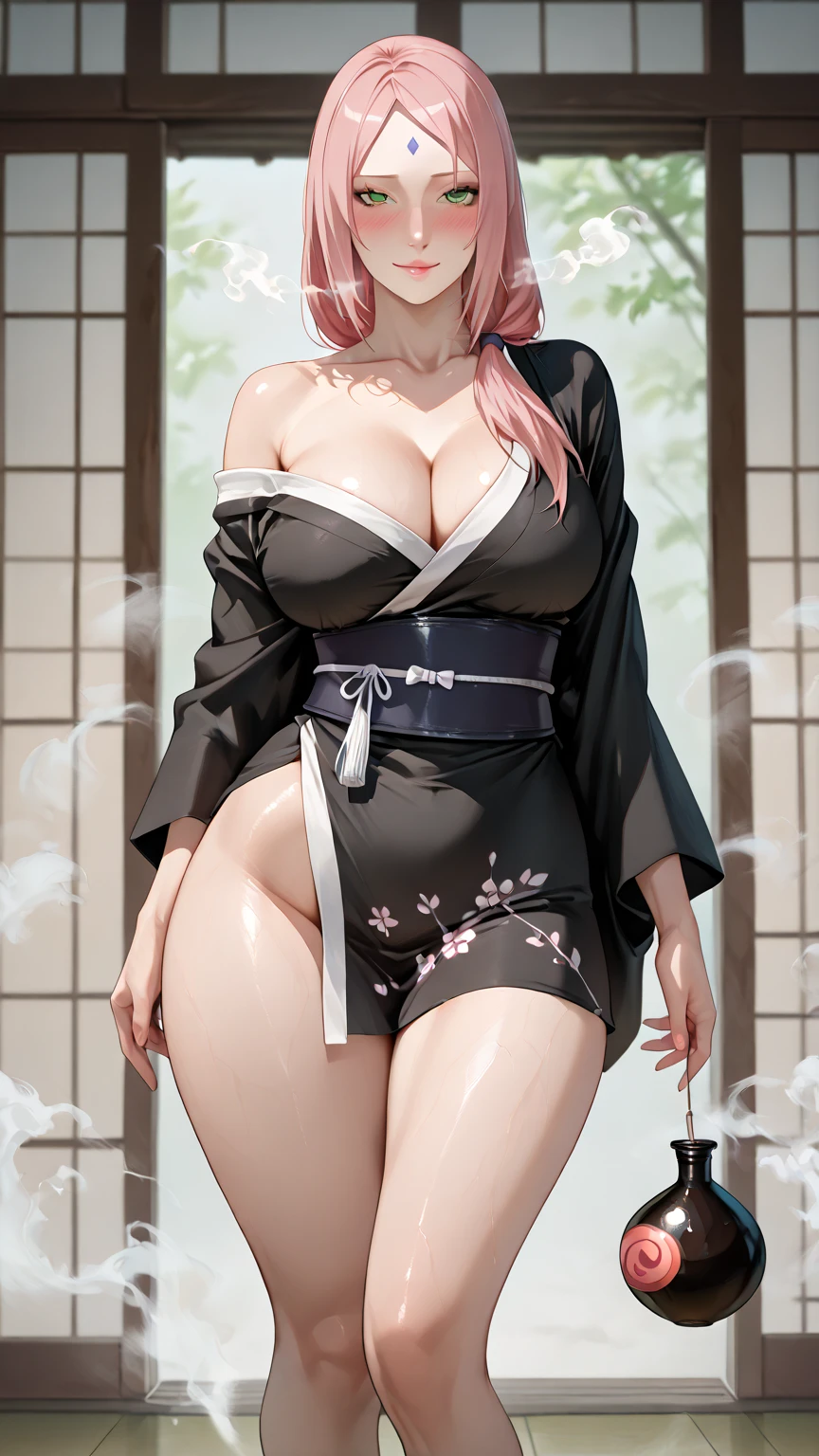 (high quality, 8k, 4K, high contrast, artwork:1.2, high quality, best aesthetics), (dynamic angle), ((1 woman)), erotic, sensual, mature body, super detailed, beautiful face detailed, beautiful eyes detailed, detailed beautiful mouth, sexy body, perfect breats, perfect wide thighs, (long messy pink hair), (red eyes), (serious facial expression), (wearing a long black kimono with sakuras printed on the kimono), (thighs exposed), (standing), (looking at the viewer), (centered), (inside a traditional Japanese room)