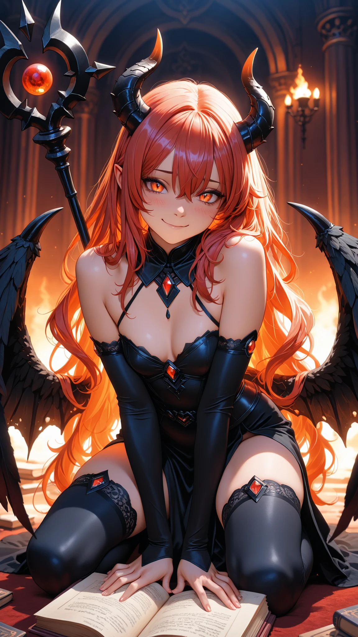 anime girl with horns and a black dress posing, beautiful succubus, demon anime girl, succubus in tight short dress, mika kurai demon, demon girl, succubus, demoness, fire demon, hot fire goddess, succubus | medieval, giesha demon, devilish, cheeky devil, lilith, portrait of demon girl, skinny, fit, full body shot, sitting, legs crossed, symmetrical wings