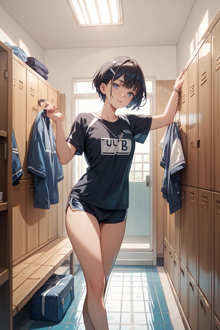 top-quality、Full limbs、complete fingers、Slender beauty、1人の女性、Woman with dark hair、Women with straight hair、Shorthair woman、Beautiful busty woman、((White short-sleeved gym uniform that covers the upper body))、((Dark blue high-leg bloomers))、sexypose、A big smile、Women's locker room