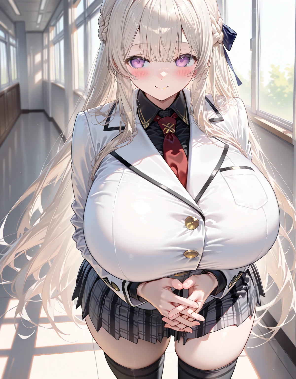 ((huge body 1.8)) ((huge 1.8)) photo of a iom girl, Masterpiece, best_quality, high_resolution, distinct_image, high_contrast, 8K, cinematic_light, official_art, scenary, beautiful_detailed_face_and_eyes, sitting_on_desk, holding_a_selfphone, ((cross_her_legs)), 1girl, solo _female, Lovely_platinum_blond_hair, long_hair, red_eyes, cleavage, (girl:1.5), (wide hip), (narrow_waist:1.2), (thin thigh:1.3), groin, school girl uniform, short_pleated_skirt, garter_ring, school, white shirt, brown vest,