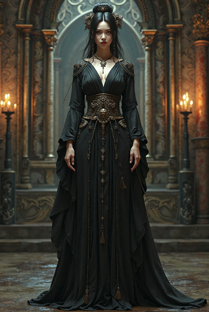 A Luis Royo-inspired full-body shot of a sinister elven lady with sharp, angular facial features. Her lithe figure is draped in dark, flowing garments adorned with amber and garnet beads. Fireflies hover around her, casting a mystical glow that contrasts with her menacing aura. The background features an intricate tapestry of carved bronze, etched with ancient runes, adding a sense of forgotten power and hidden danger.