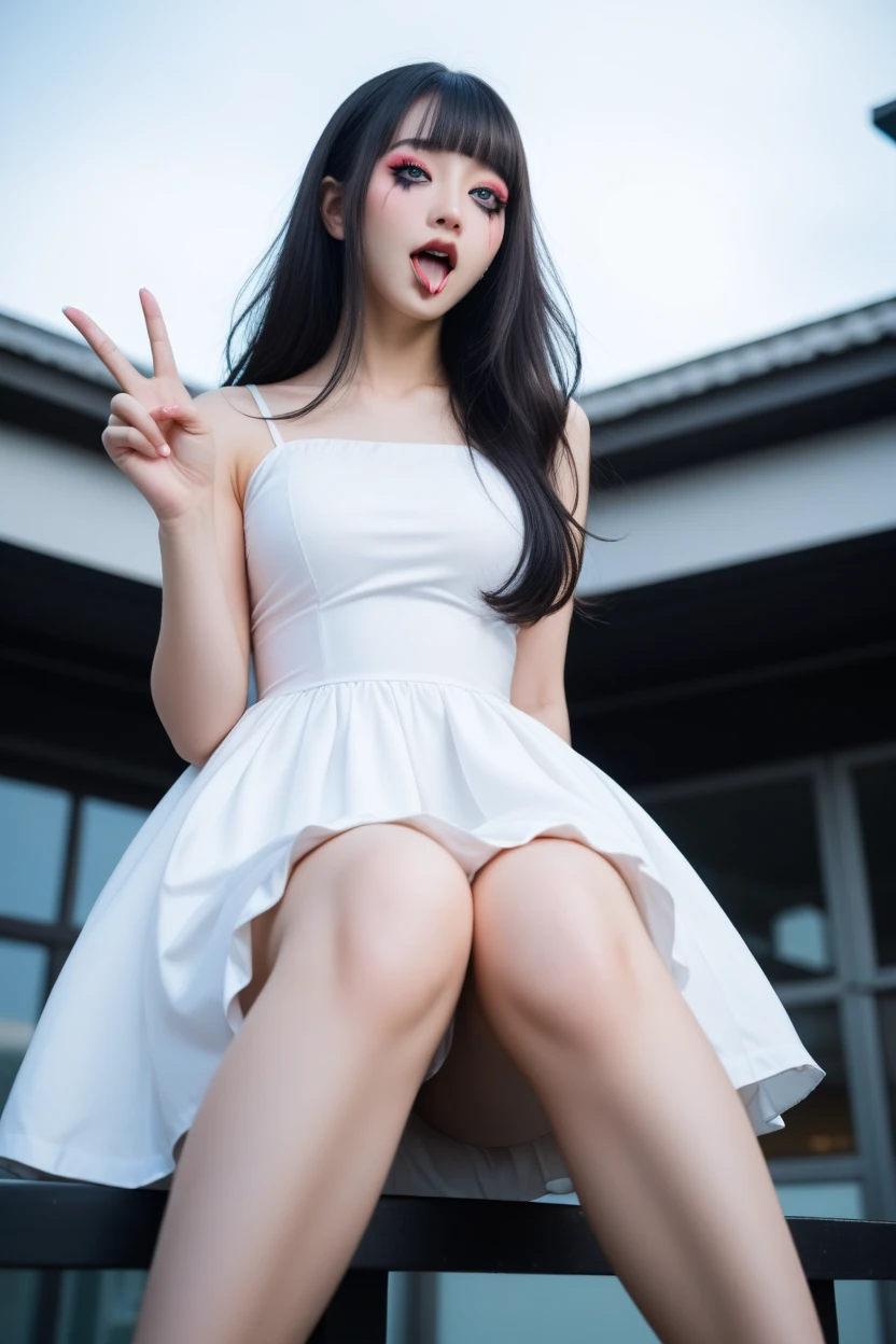 ((Full body photo)),full shot,Being crucified,baby face,beautiful white skin,Very young fair-skinned slender Japanese beautiful girl,showing white panties,disproportionate breasts,large breasts,white see-through dress and white scanty,very short white pleated miniskirt,White high heels,Screaming in trouble and looking like she's about to cry,looking at another,from quite below,best quality,ultra-detailed,high resolution,Photographed from a distance,flooring room