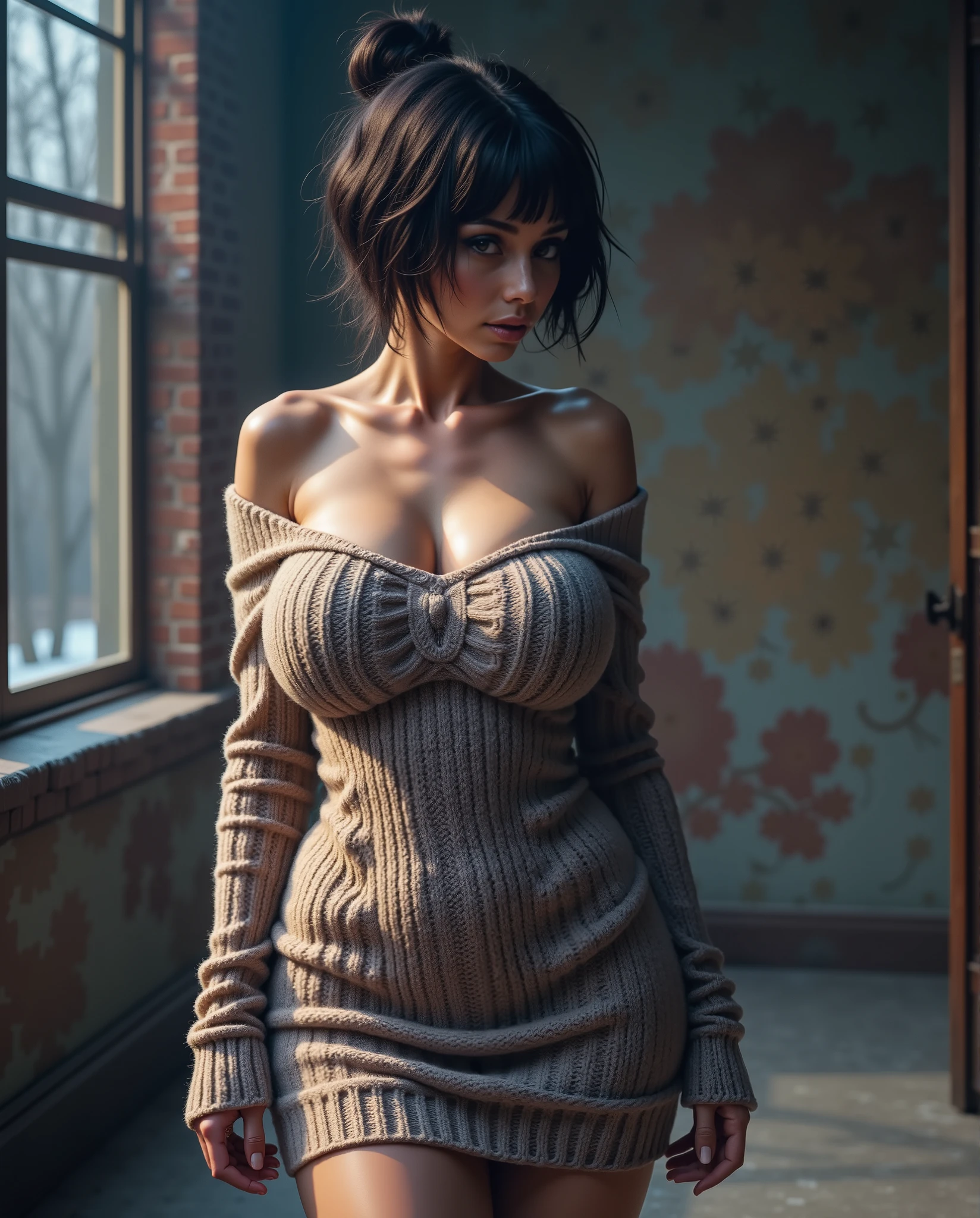 masterpiece, yor, 1girl, Amazing Cleavage:1.3, thin waist, big ass, Raised sexy, medium breast: 1.8 posed cleavage:1.2、solo, looking at viewer, open mouth, have a cup of coffee,black hair, red eyes, dress, bare shoulders, jewelry, collarbone, sidelocks, hairband, earrings, indoors, off shoulder, :o, sweater, arms behind back, plant, short hair with long locks, white hairband, off-shoulder dress, sweater dress, off-shoulder sweater, red sweater, big side hair, very long side hair,is rendered in (masterpiece: 1.2, best quality), with (ultra high resolution) and an exquisite (depth of field). This masterpiece is not only visually stunning but also tells, make of cake cooking ,in the kitchen