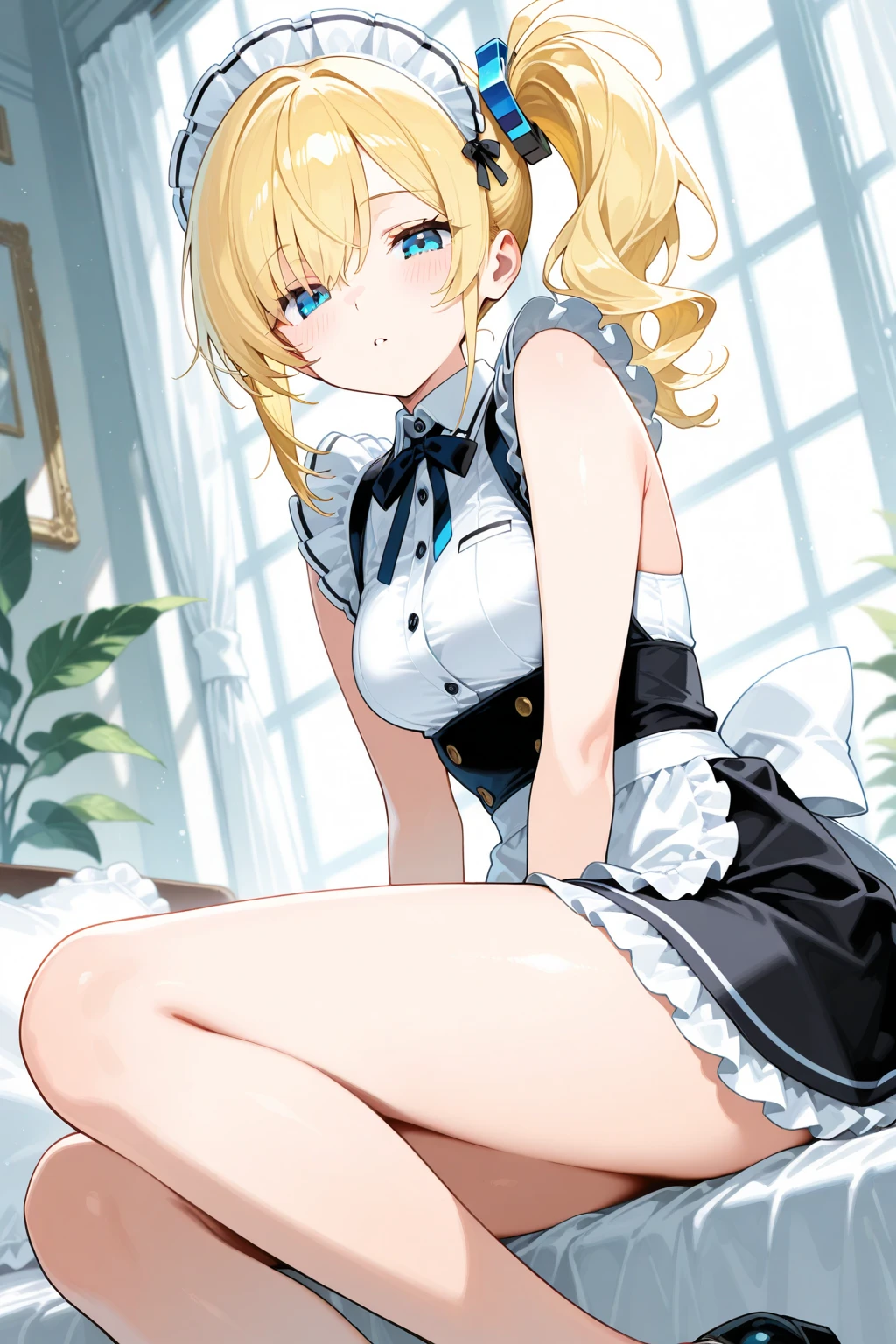 Best quality, white transparent underwear, white transparent panties, blonde maid, one hand stroking the chest, one hand touching the panties, open mouth, blonde, double ponytail, white stockings, spitting out tongue drooling, mucus, sweat, open mouth, expression enjoyment, close-up of the soles of the feet, feet, masterpiece, legs open, legs forked, split, open top, pants off, tong, beautiful, sailor Moon, crotch sweating, ass, insertion, insert a stick