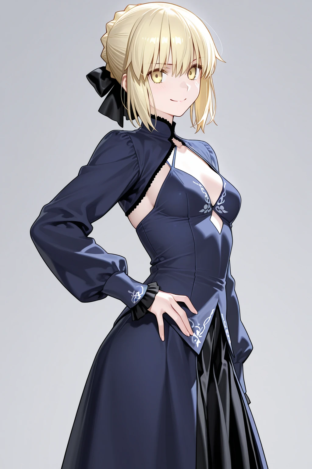 masterpiece, best quality, highres, ddsaber, pale skin, black dress, cowboy shot, standing, blush,