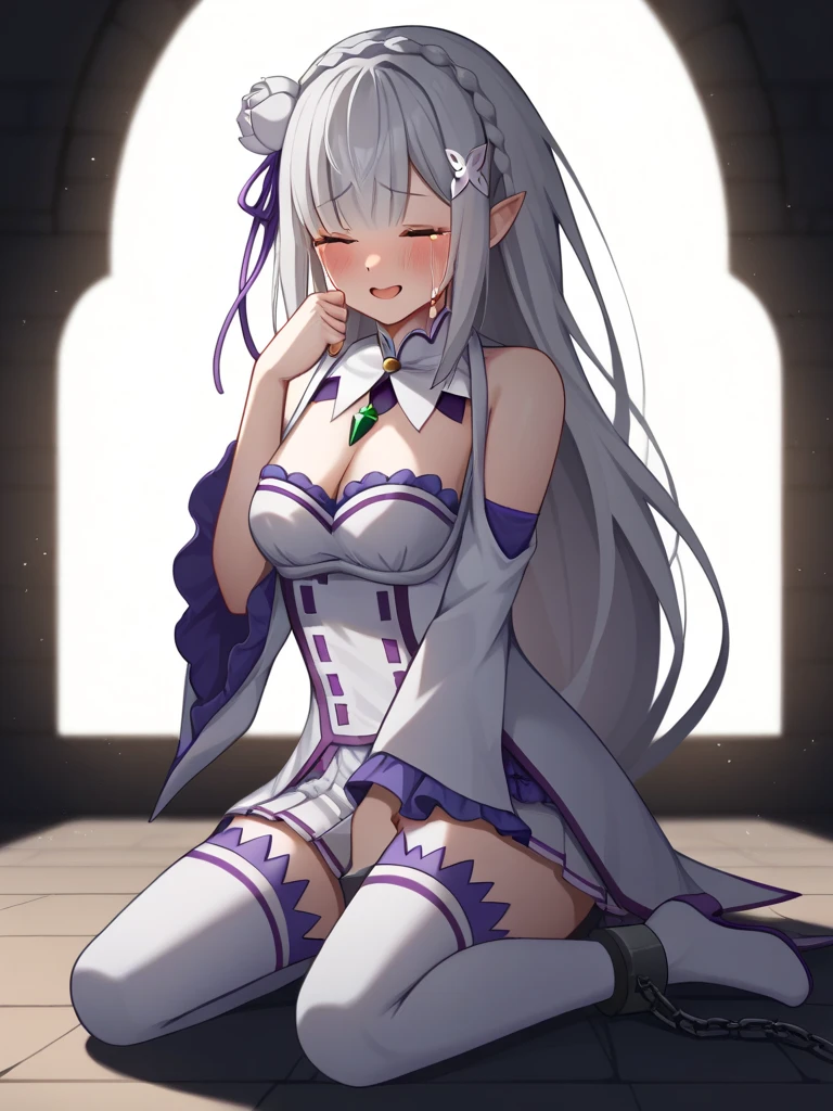 masterpiece, best quality, very aesthetic, absurdres, 1girl, mature_lady,taking off stockings,lace_dress, Jewelry, Earrings,sitting,from below,,emilia_(re:zero), re:zero_kara_hajimeru_isekai_seikatsu, 1girl, elf, pointy_ears, white_hair, long_hair, purple_eyes, hair_flower, hair_ornament, hair_ribbon, purple_ribbon,,surrounding by flowers,falling_petals, petals,,