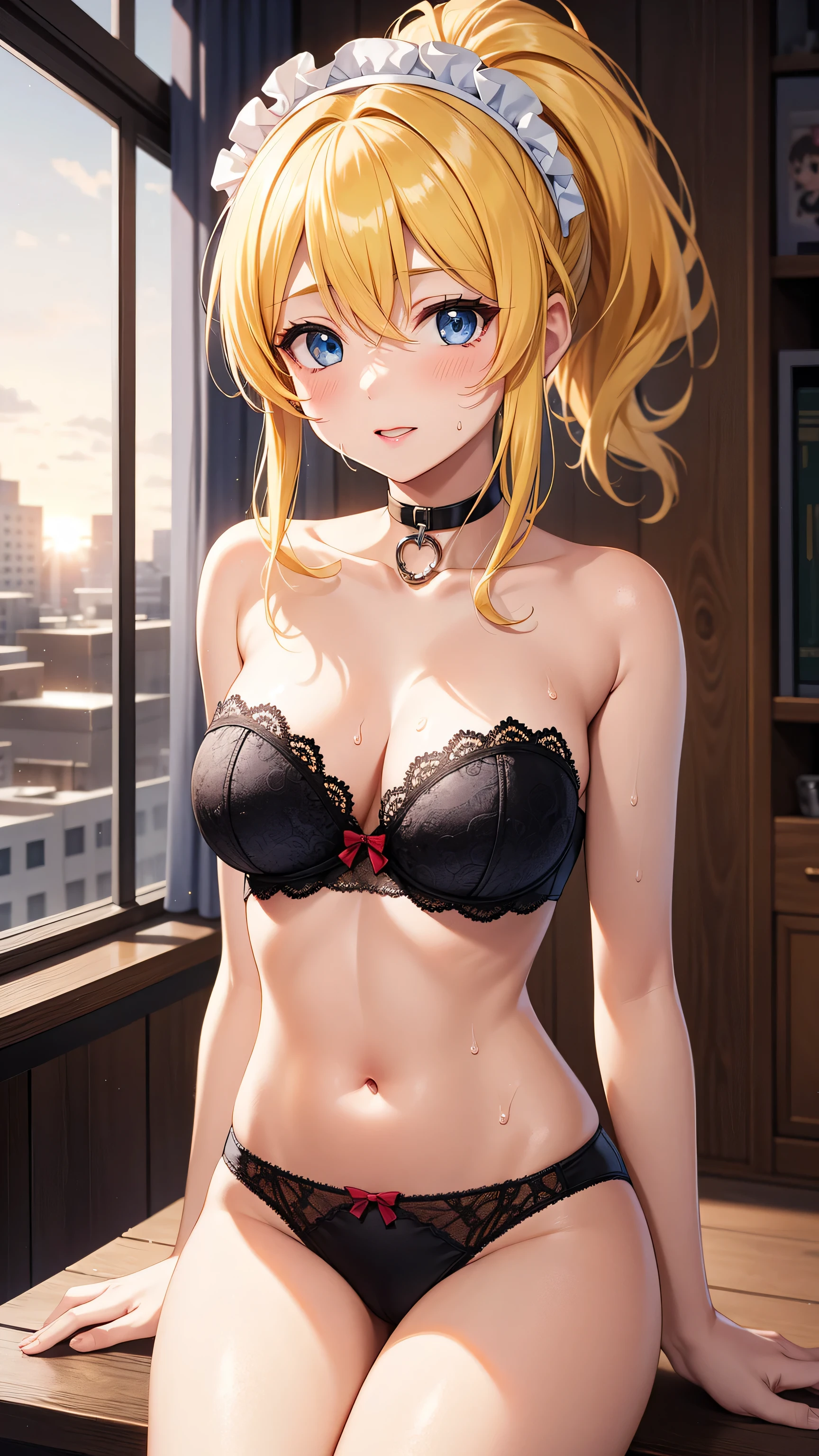 (Best Quality, masutepiece, 超A high resolution,Photorealsitic、Official art,top-quality、Beautiful CG,), Sunny Beach、artoria、Eye Highlight、NSFW,Slingshot Bikini、Colossal tits、Erotic body、kindly smile、Smile embarrassedly、Sleeveless、Chignon Hairstyles、neck tie、knee sox、Squat and open your legs wide