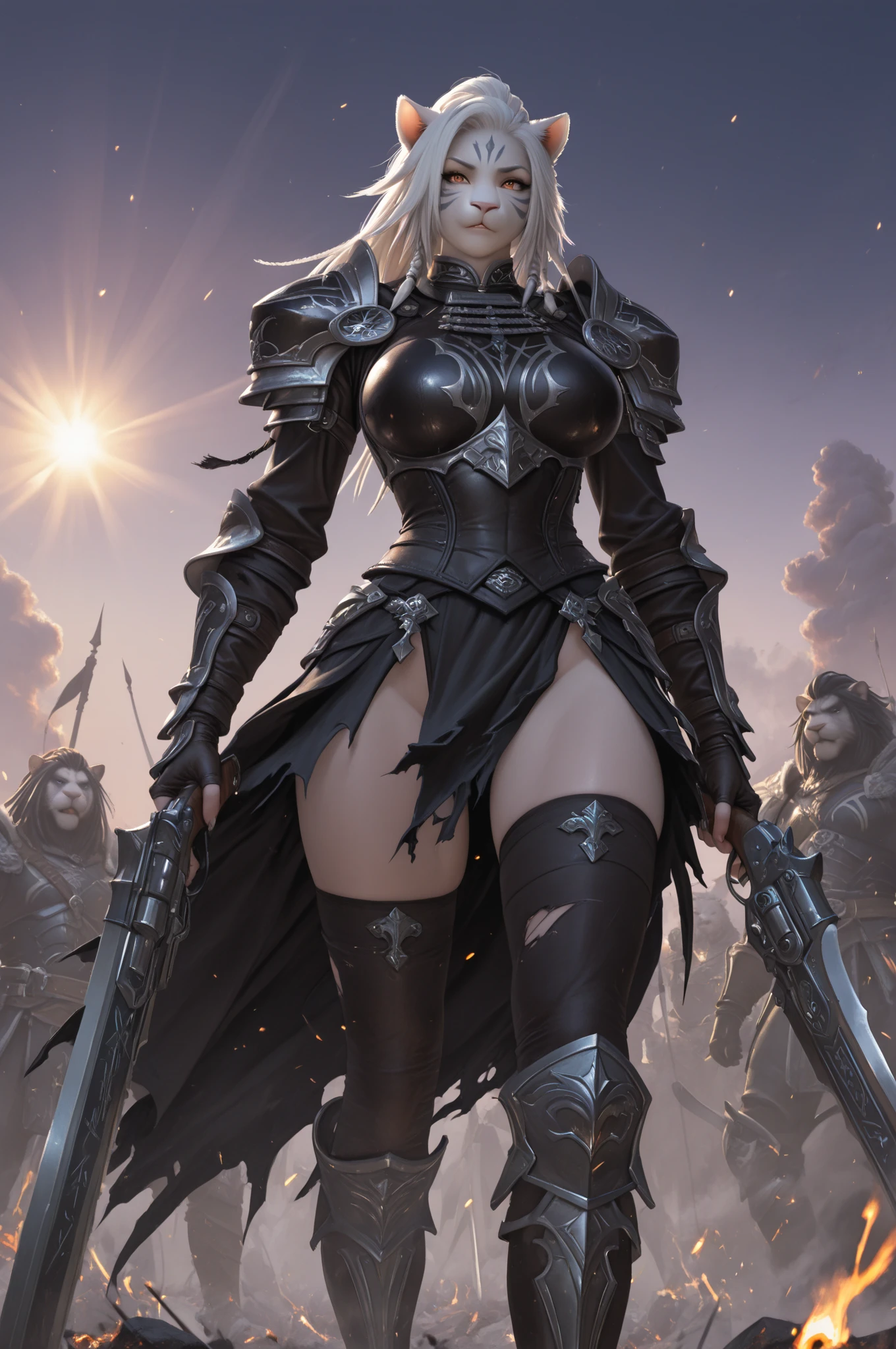 28 years old English lady, ((full body)), ((nude)), blond, blue eyes, heavily armored in black with a long cape to fight many aliens , beautiful chest, standing in the battle field, with her legs spread apart, holding a sword in her right hand and a shield in her left hand, zoom in from front below