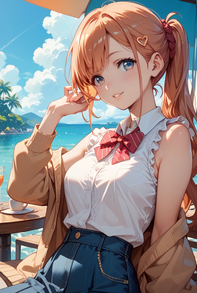 masterpiece ,Highest quality , High resolution , (One Girl Solo:1.38) , (Asuna , Brown Hair , Braiding , Brown eyes , Long Hair) , (Cleavage:1.2) , (Mid-chest:1.28) , ( Wearing a mini skirt , uniform , Bow) , (Cleavage:1.15) , (Large Breasts:1.1) , (Face view , Front view , from the front , View ) , (indoor , In the classroom , Windows , table) , (Put your arms behind your back , Put your hands behind your back) , (Standing in the sea , Thighs ) , ( smile , Open your mouth , Blush all over face , shy ),Show off your underwear,Lift up your skirt